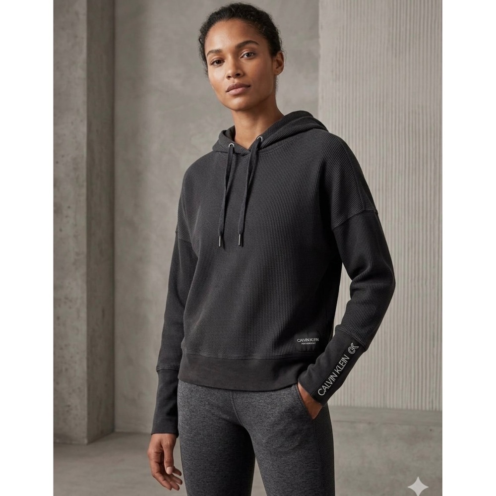Calvin Klein Performance Womens Black Waffle Knit Logo Hoodie Sweatshirt Small